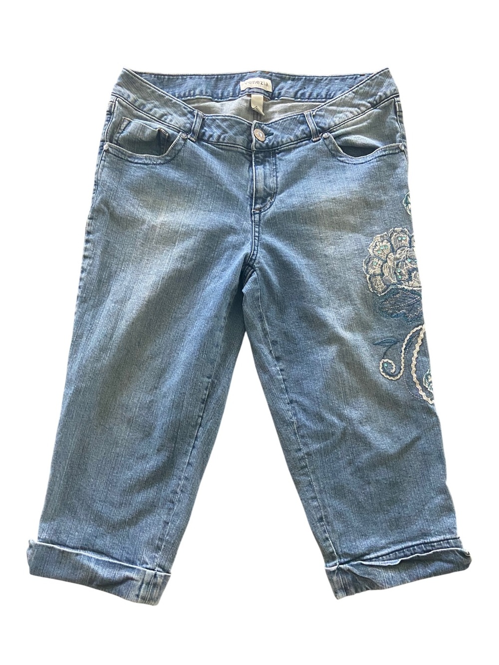 Venezia Embellished Floral Embroidered Cuffed Capri Jeans Blue Light Wash Sz16